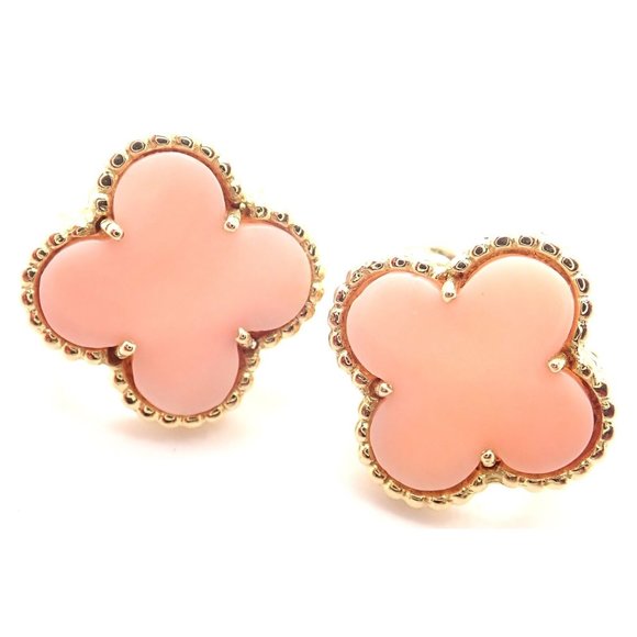 Van Cleef & Arpels Vintage Alhambra 18k Yellow Gold Angel Skin Coral Earrings - Picture 1 of 12